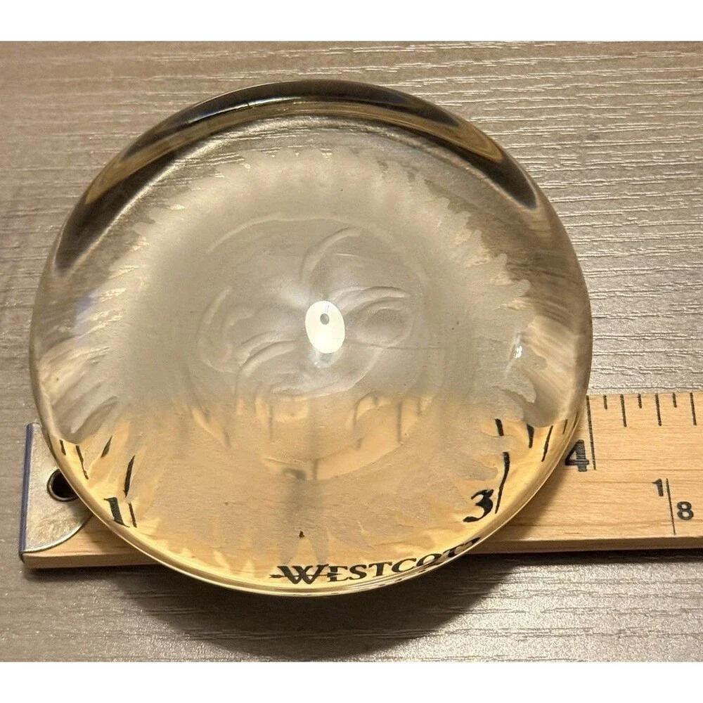 Vintage Glass Dome Paperweight Celestial Sun Face Etched 4
